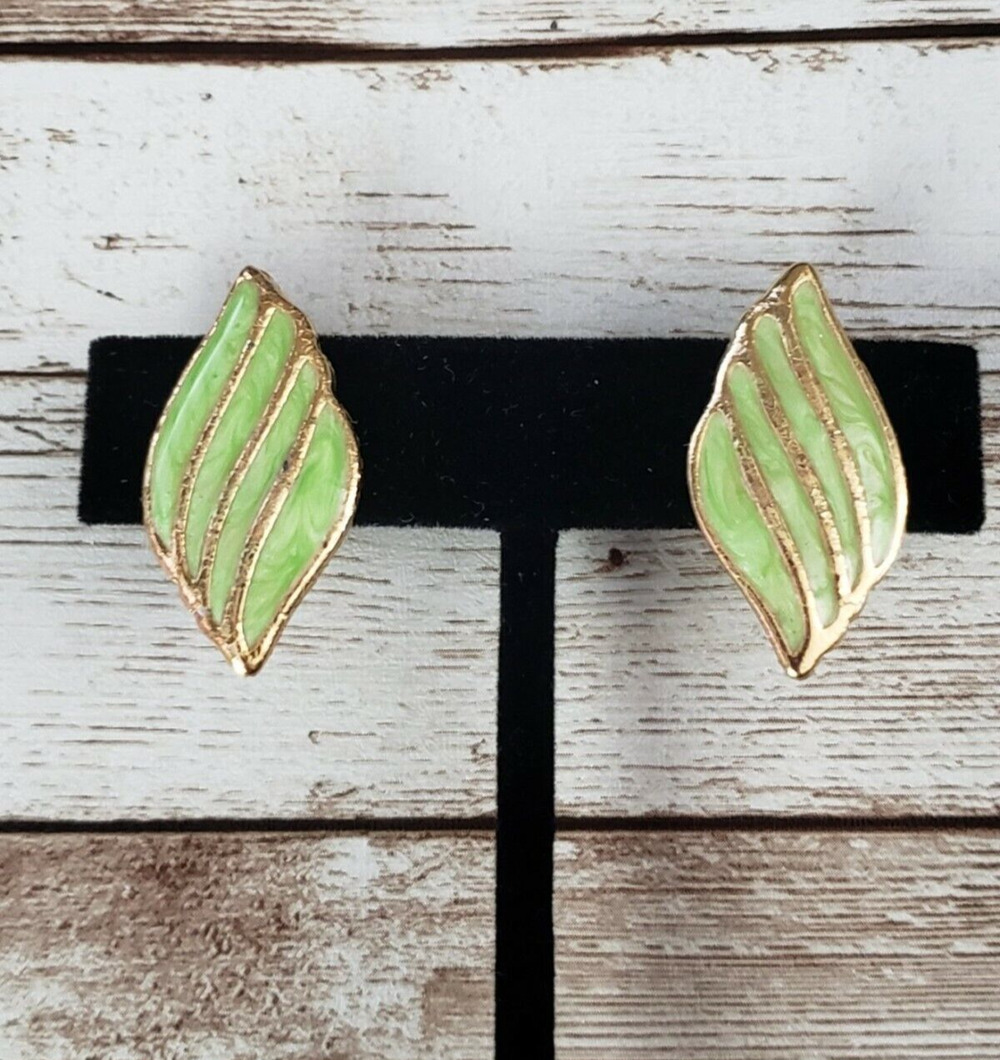 Vintage Clip On Earrings 1.25" Green & Gold Tone Leaf? Shape